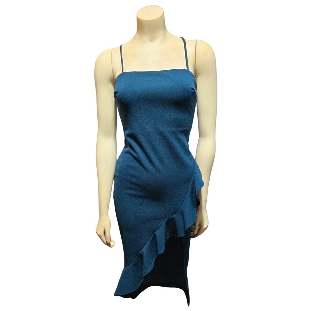 Windsor Ruffle Hem Midi Dress Women Small Teal Blue Excellent Cross Back Bodycon